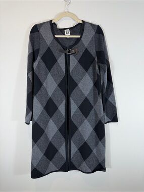 Anne Klein Black and Gray Argyle Long Cardigan Size Medium
